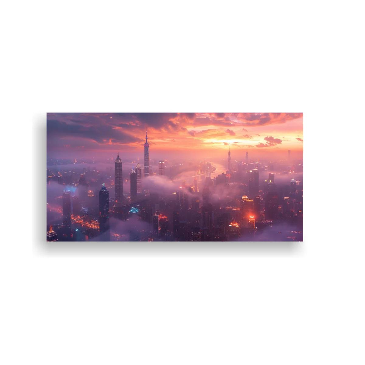 Cuadro skyline urbano entre niebla con cielo luminoso