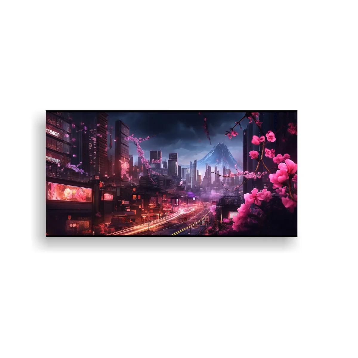 Cuadro ciudad futurista con flores de cerezo y luna