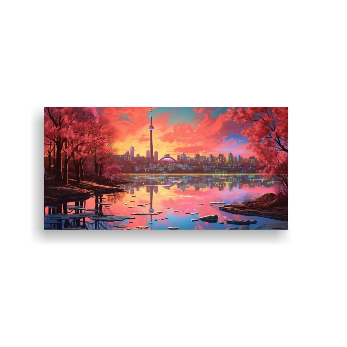 Cuadro paisaje urbano al atardecer enmarcado por árboles