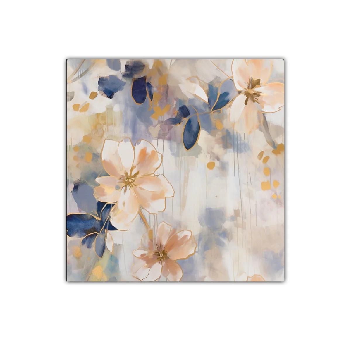 Cuadro con flores suaves y tonos azules y dorados
