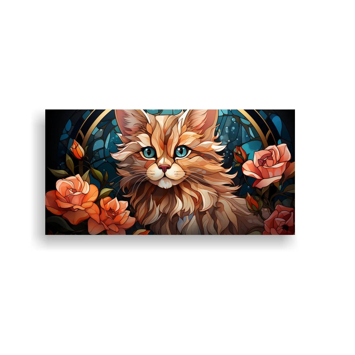 Cuadro gato de pelo largo con rosas y fondo oscuro