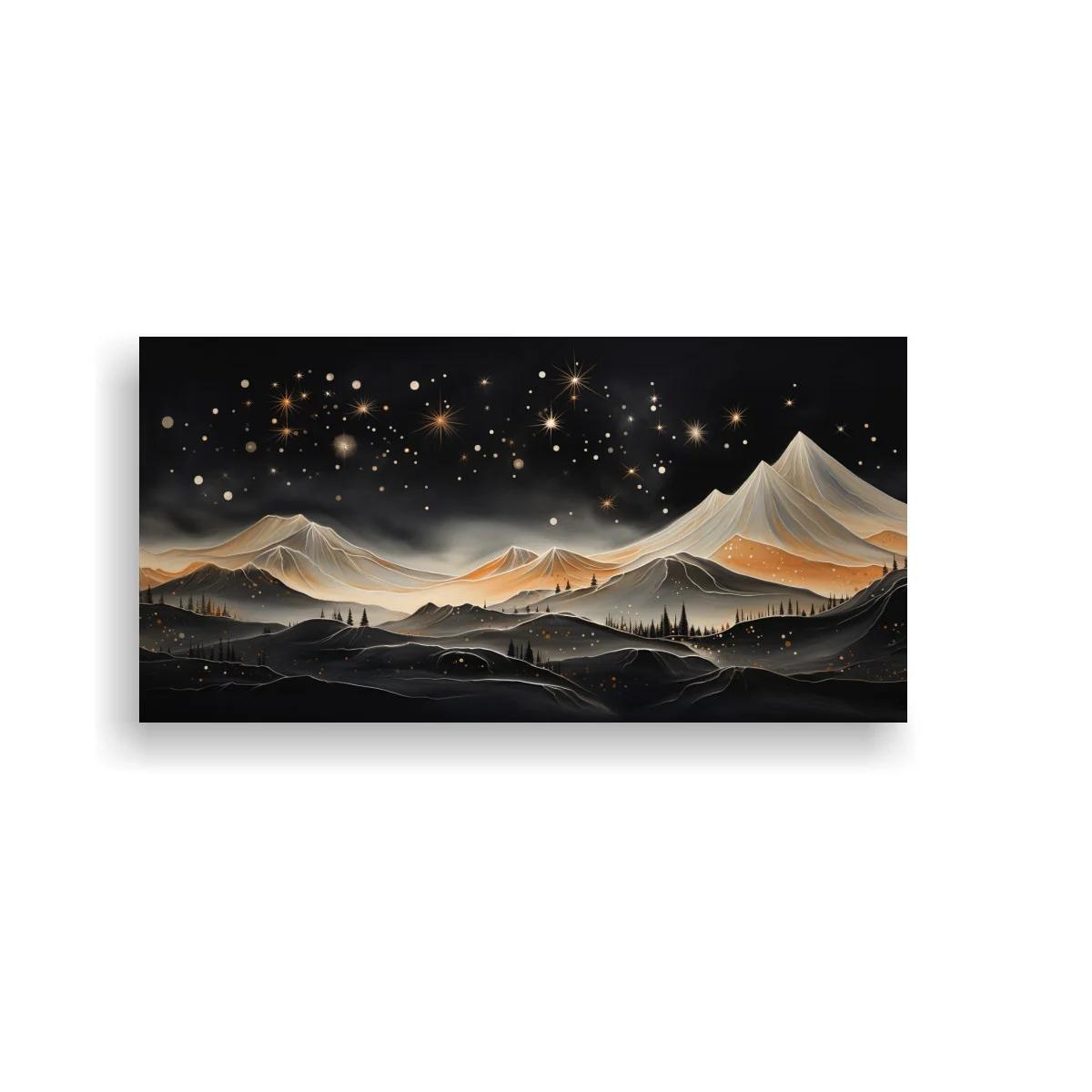 Cuadro paisaje de montañas con cielo estrellado y horizonte dorado — imagen principal