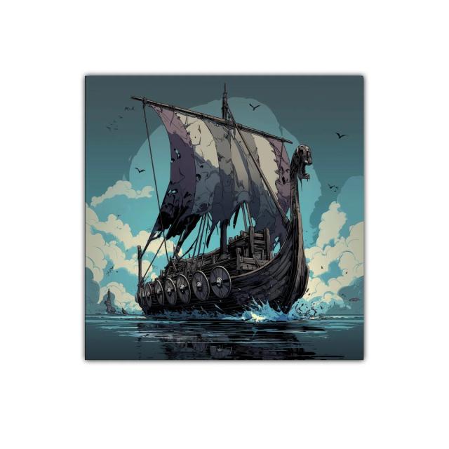 Barco Vikingo surcando el mar con velas desgastadas