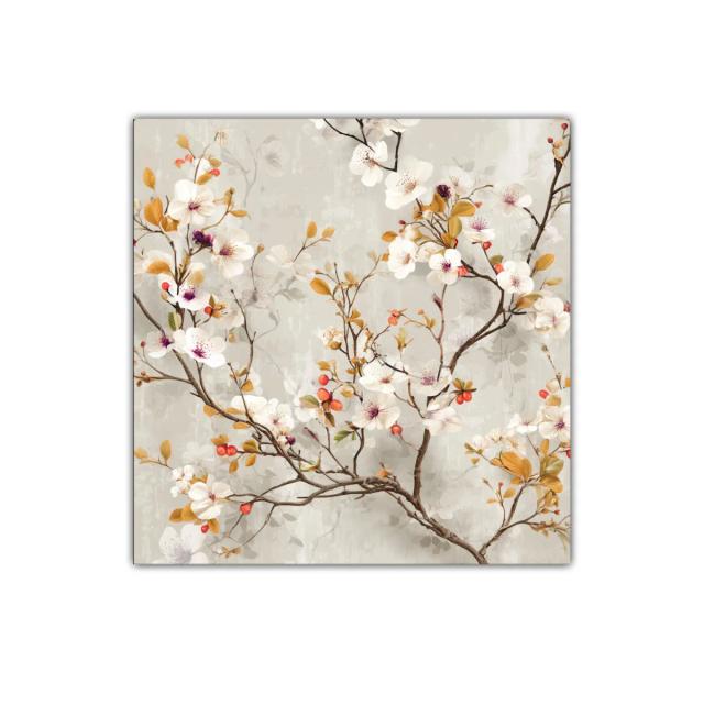 Cuadro Floral con Flores Blancas y Detalles Ocre