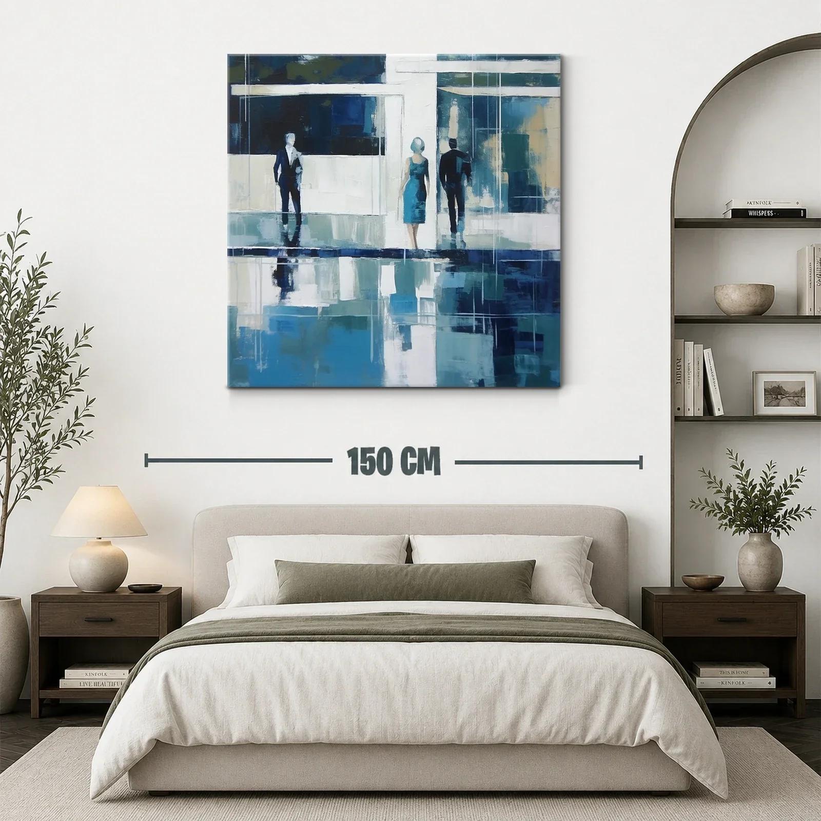 Cuadro abstracto con siluetas y reflejos en tonos azules — miniatura 3