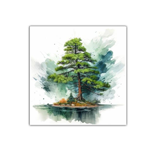 Árbol solitario en isla con reflejo acuoso y tonos verdes