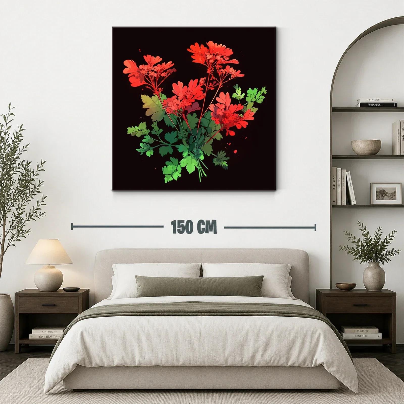 Ramo vibrante de flores rojas y hojas verdes sobre fondo oscuro — miniatura 3