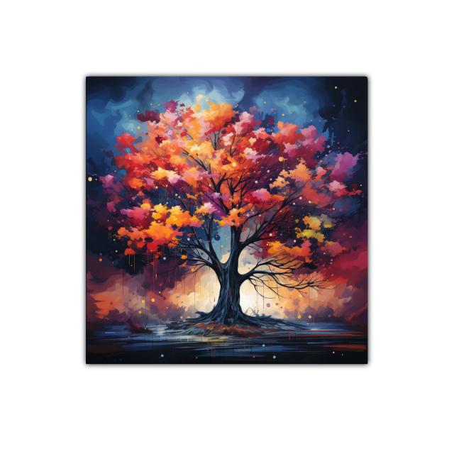 Árbol vibrante con hojas en tonos cálidos y fondo celestial