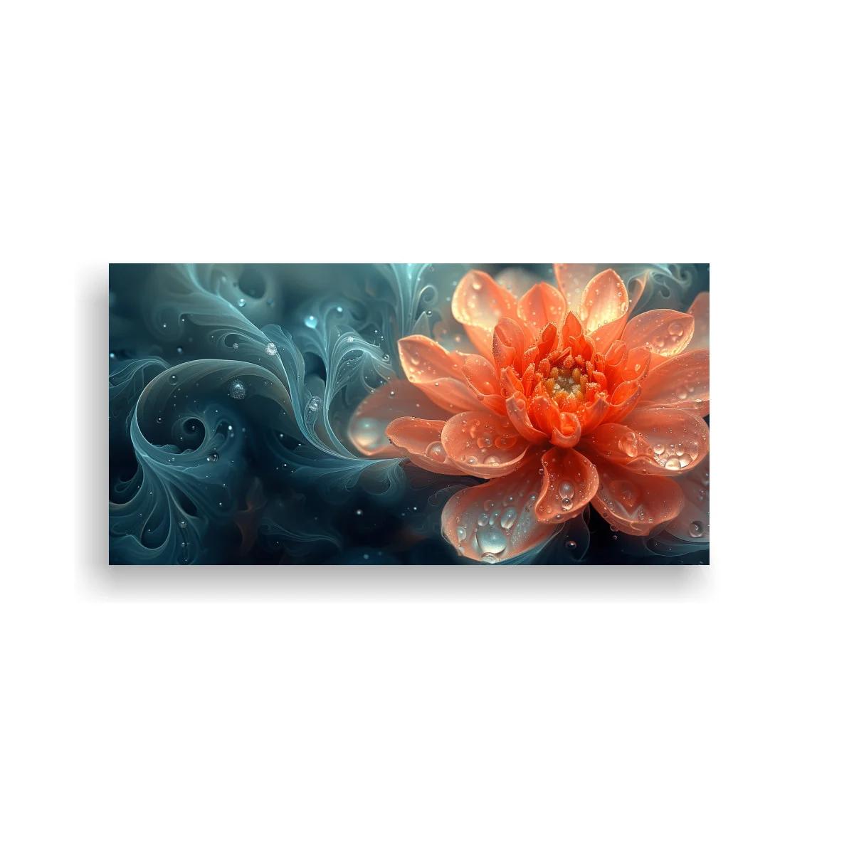 Cuadro flor de loto coral con gotas brillantes