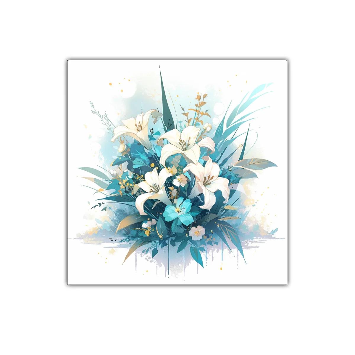 Elegante ramo de lirios blancos con toques azules y dorados