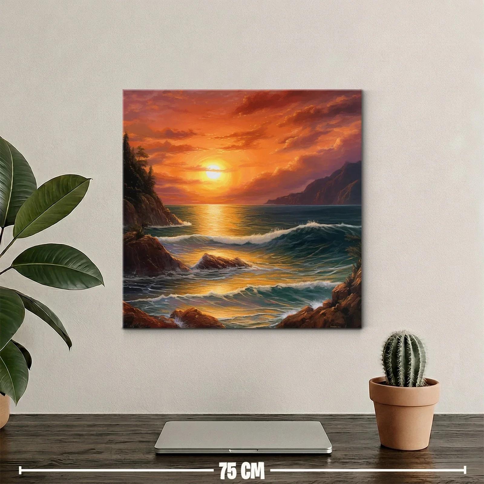 Atardecer dorado en costa con olas y rocas — miniatura 2