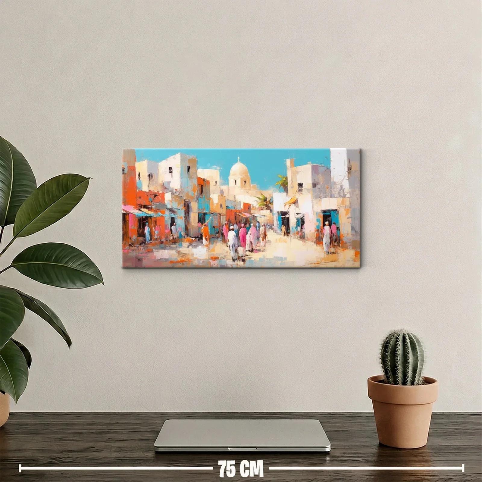 Cuadro calle de pueblo mediterráneo con palmeras y cúpula clara — miniatura 2