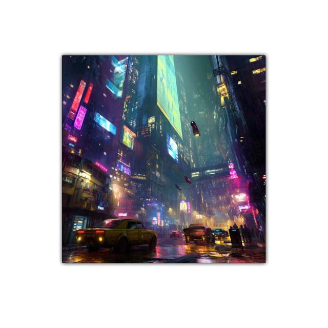 Ciudad futurista nocturna con luces de neón y tráfico urbano