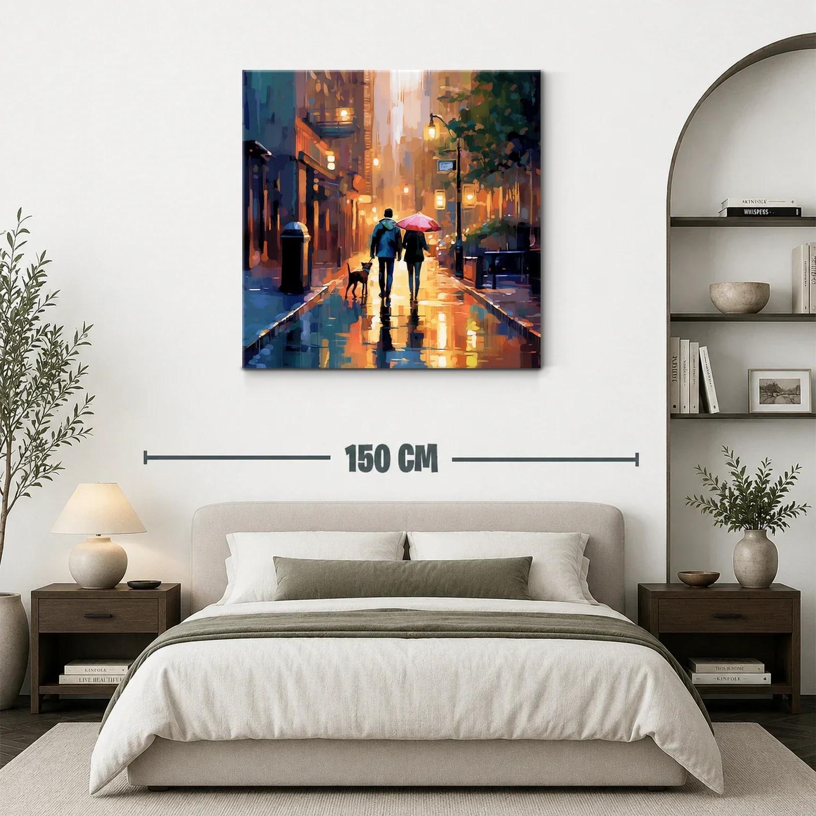 Paseo urbano al atardecer con perro y paraguas rojo — miniatura 3