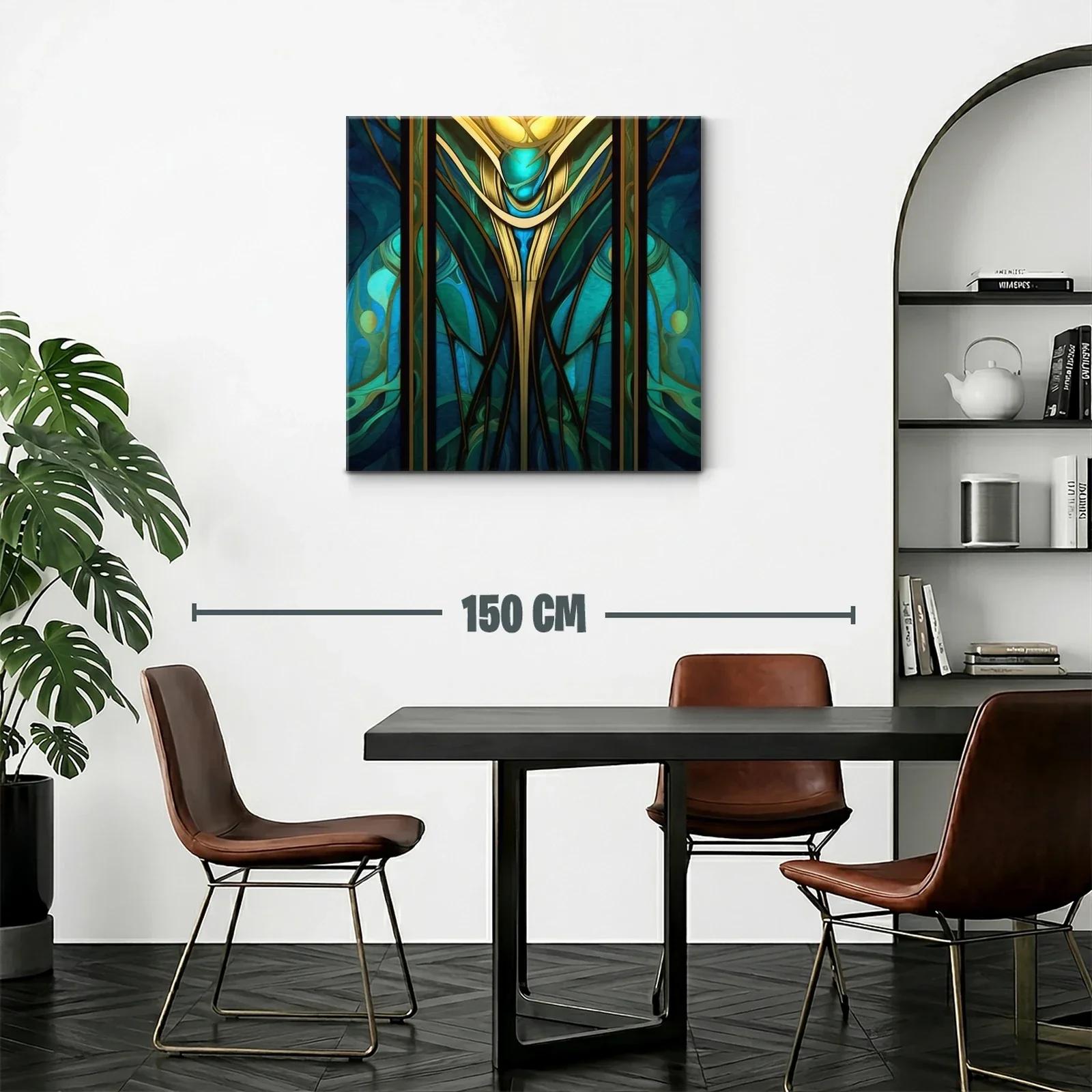 Cuadro abstracto con motivos dorados y turquesas vibrantes — miniatura 2