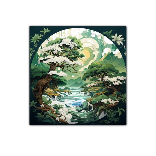 Paisaje onírico con árboles floridos y río serpenteante