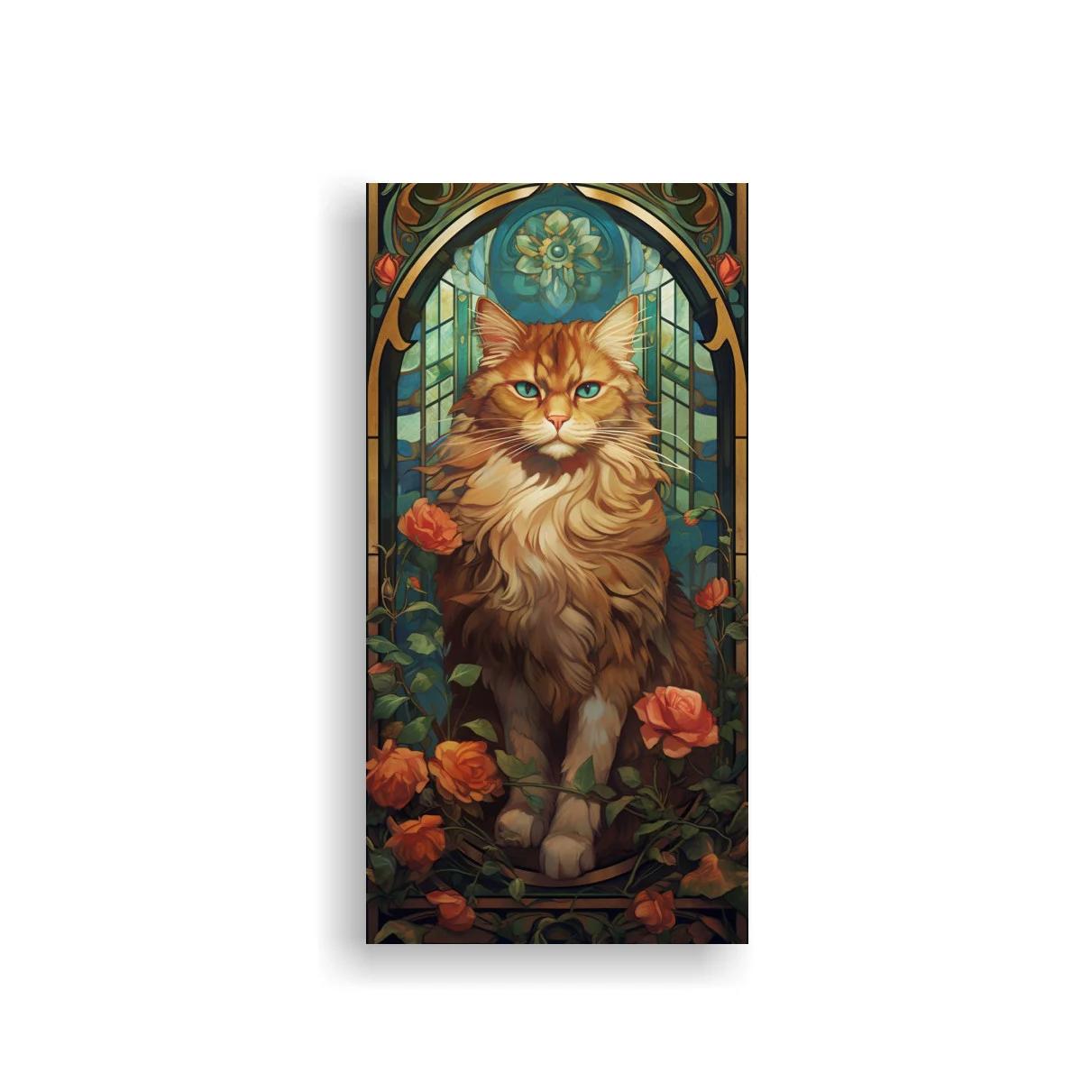 Cuadro gato naranja de pelo largo entre rosas y arco floral