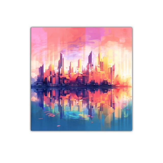 Ciudad moderna con reflejos vibrantes en tonos cálidos y fríos