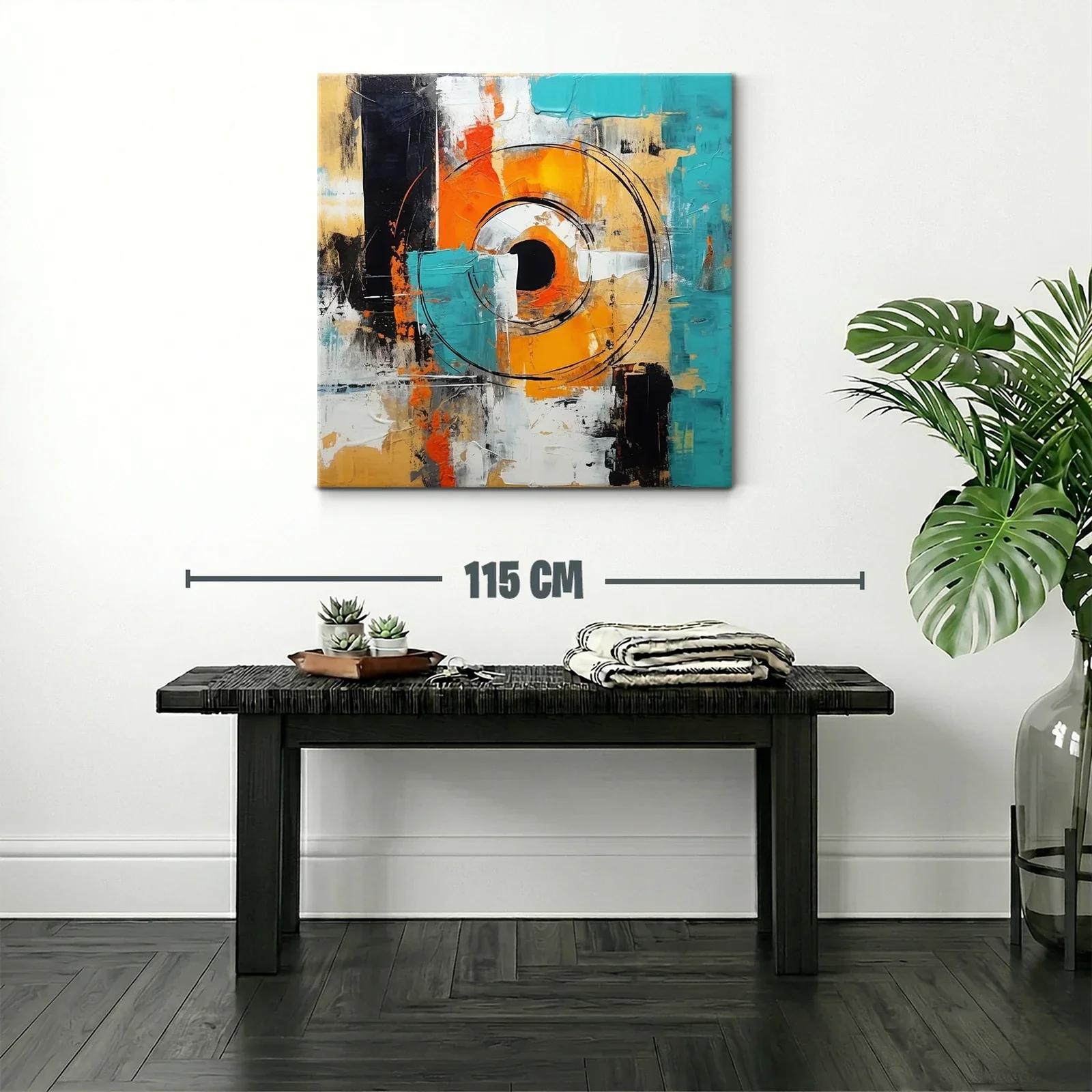 Cuadro abstracto con círculos y tonos vibrantes en azul y naranja — miniatura 2
