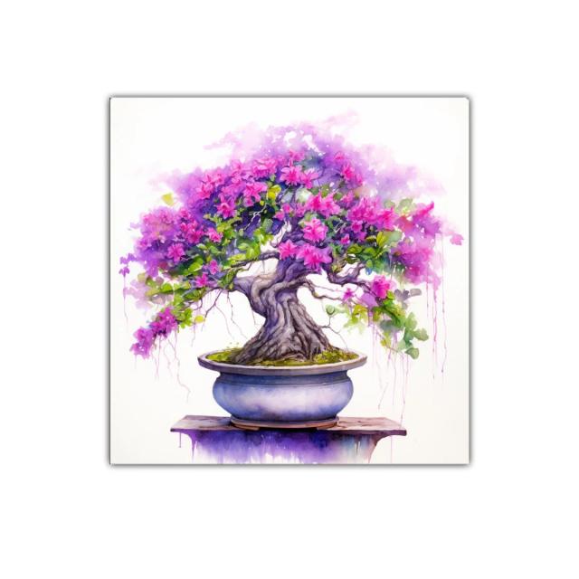 Cuadro decorativo con bonsái florido en tonos violetas y rosas