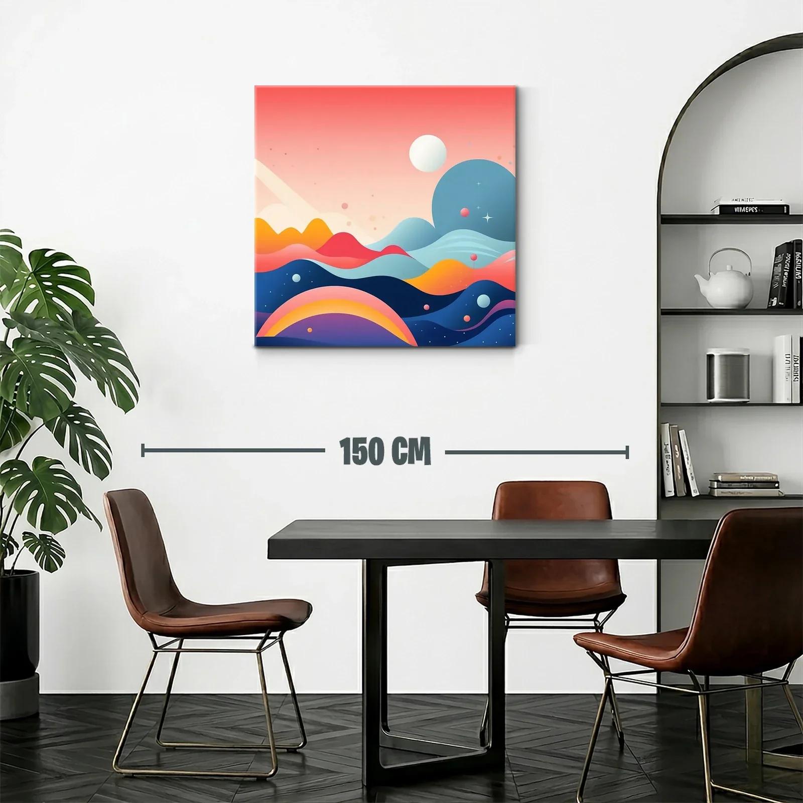 Cuadro abstracto con montañas y planetas en tonos vibrantes — miniatura 2