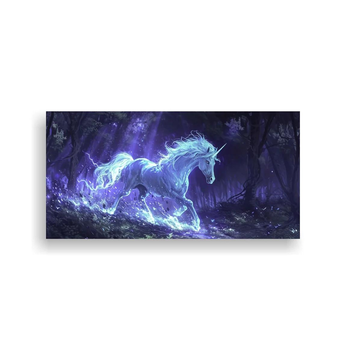 Cuadro unicornio luminoso en bosque oscuro
