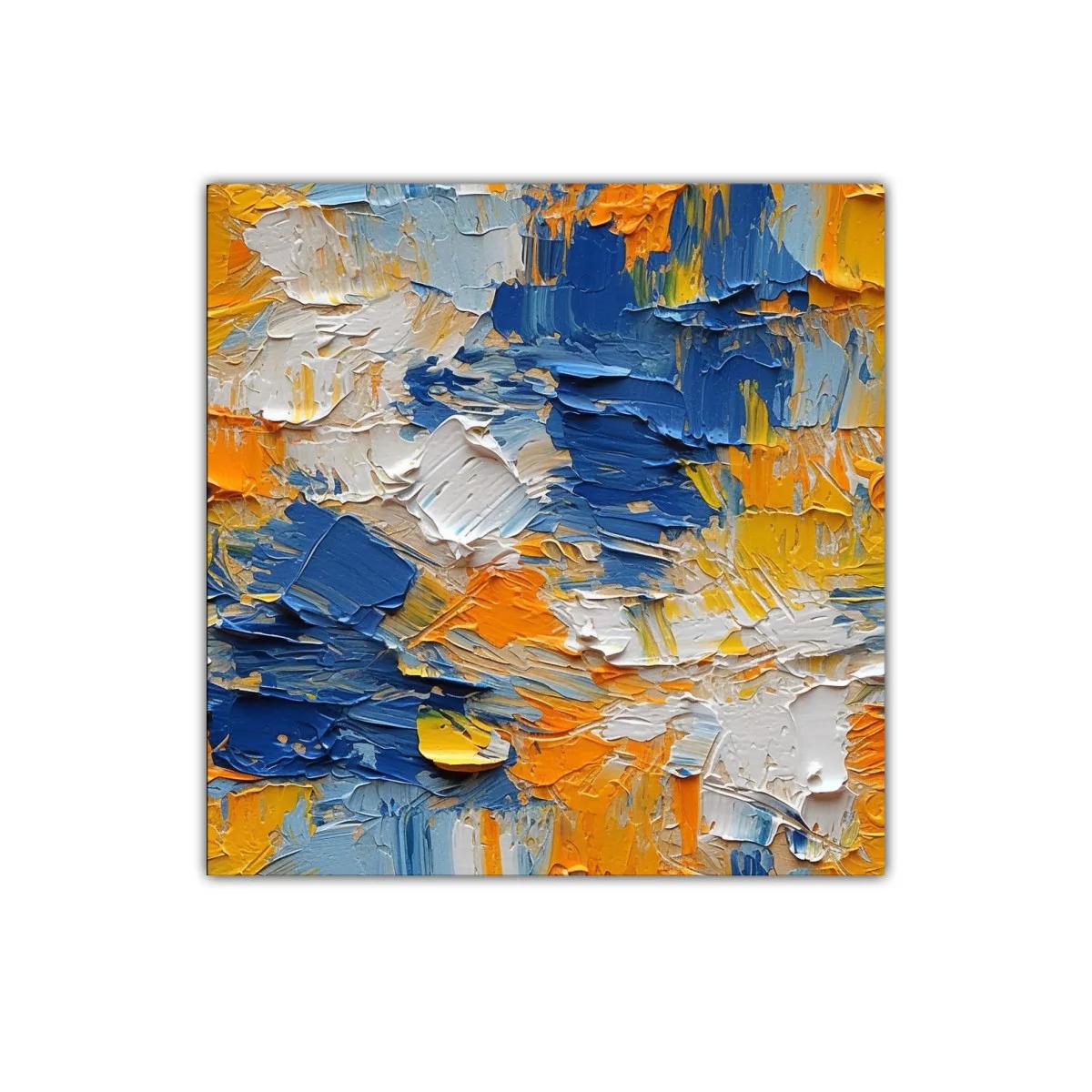 Cuadro abstracto vibrante en tonos azules y naranjas intensos