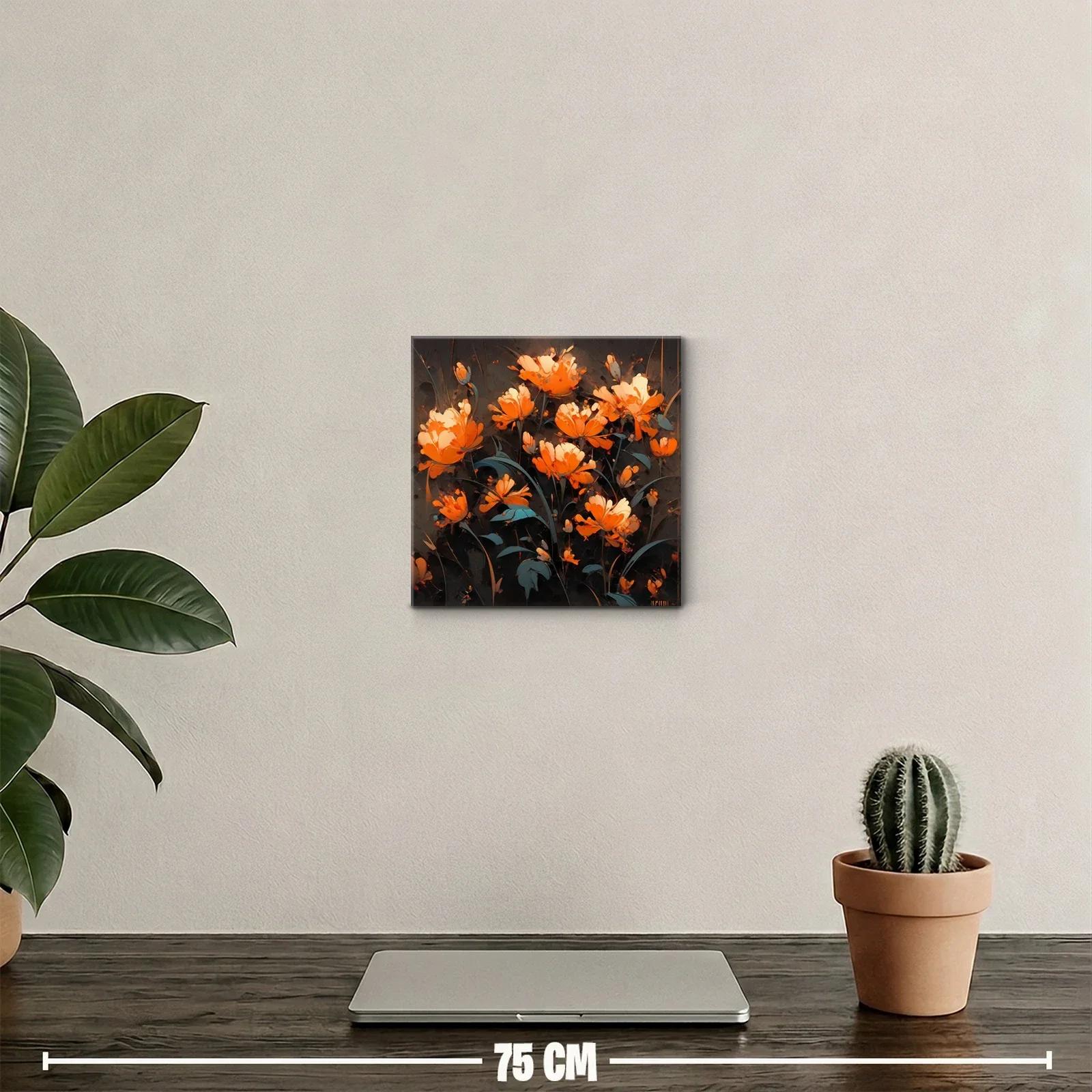 Cuadro floral vibrante con flores en tonos cálidos y fondo oscuro — miniatura 2