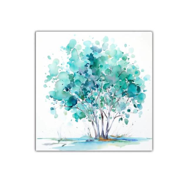 Árboles en acuarela de tonos turquesa y verdes vibrantes