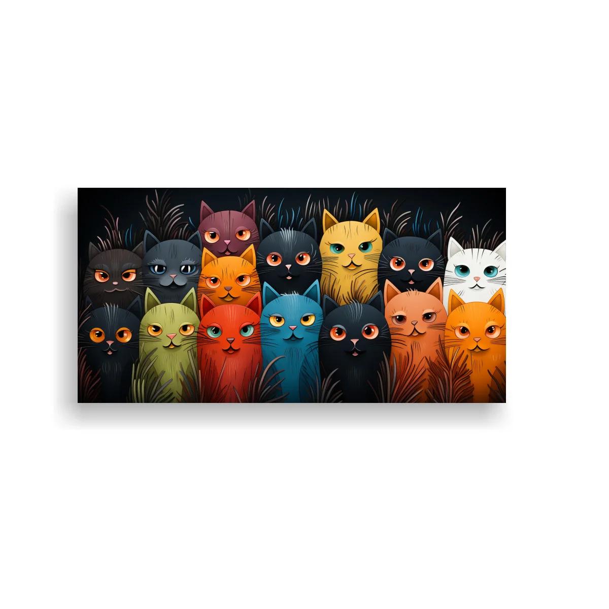 Cuadro grupo de gatos de colores entre hierbas
