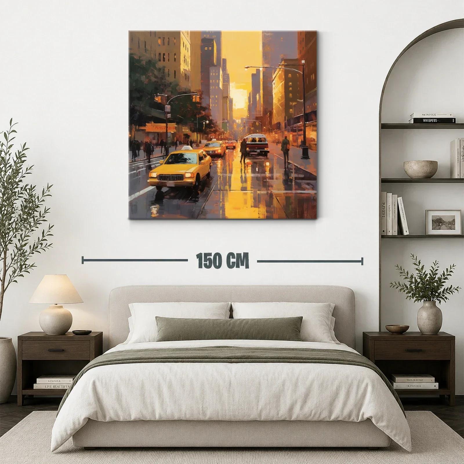 Atardecer urbano con taxis en calles mojadas — miniatura 3