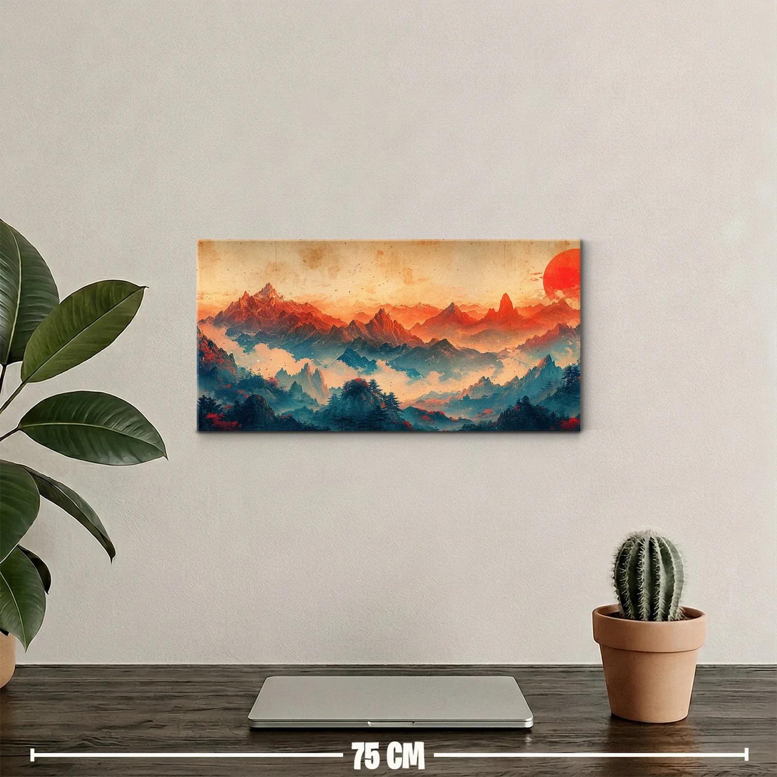 Cuadro cordillera montañosa con dos discos rojos en el cielo — miniatura 2