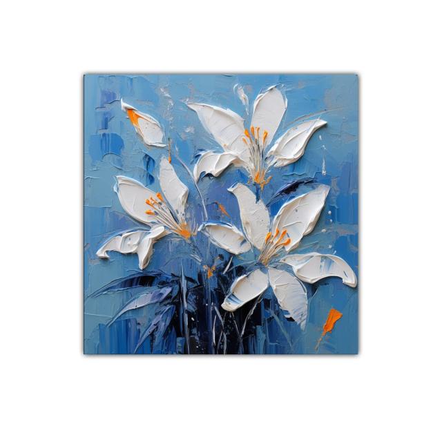 Cuadro floral en tonos azules y blancos con detalles naranjas