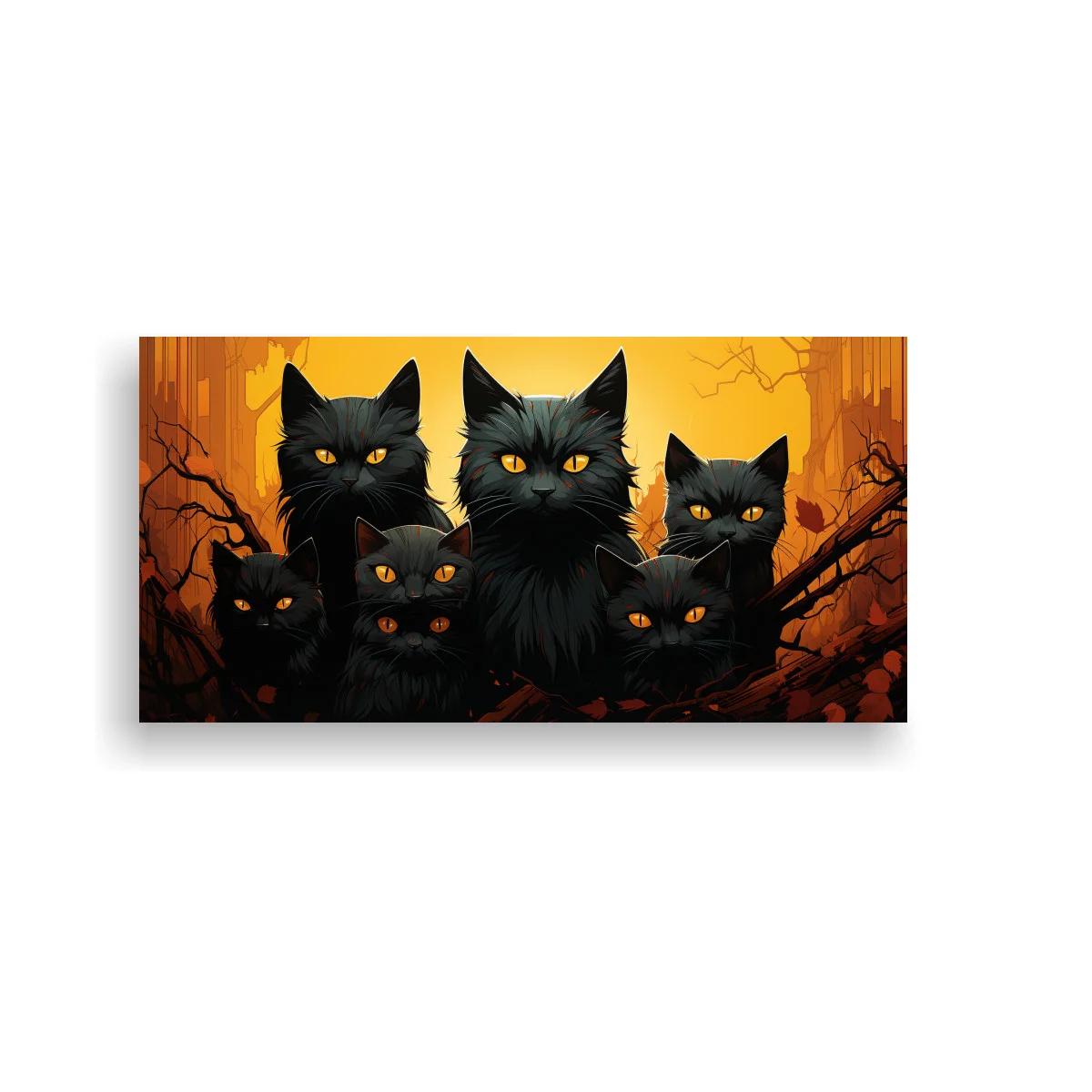 Cuadro grupo de gatos negros con ojos amarillos y fondo anaranjado