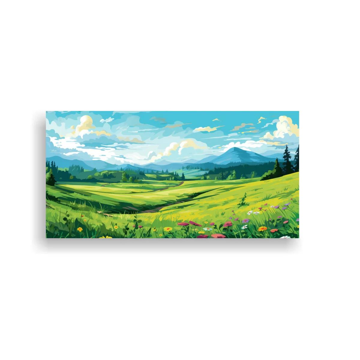 Cuadro pradera florida con colinas y cordillera lejana