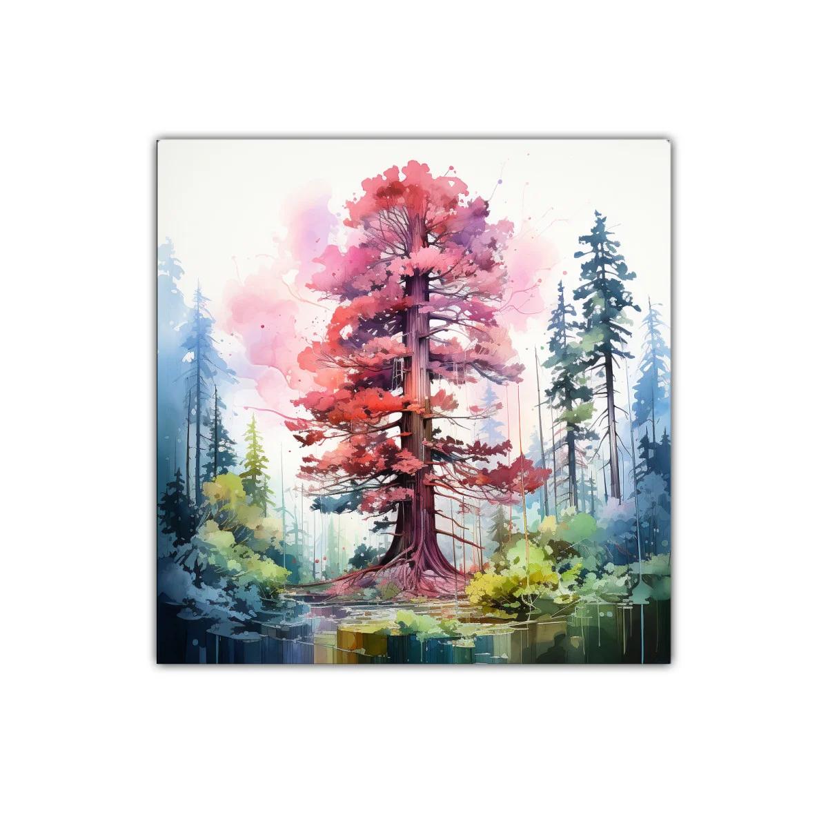 Árbol rojo vibrante en bosque estilizado y sereno — imagen principal