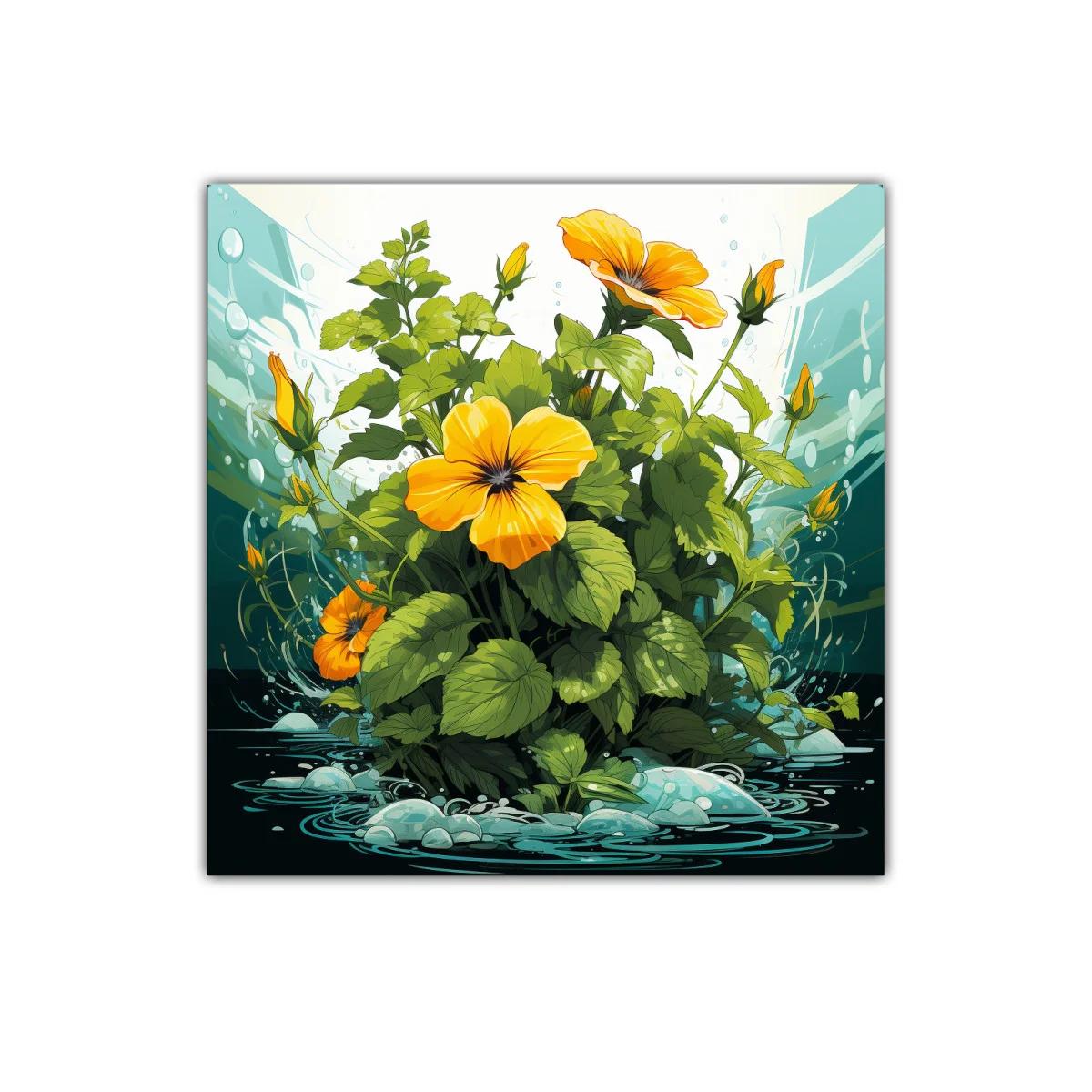 Cuadro vibrante con flores naranjas y hojas verdes — imagen principal