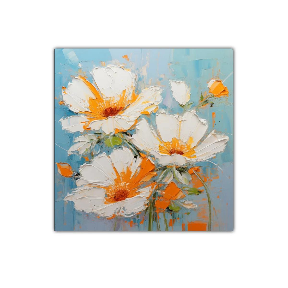 Cuadro con flores blancas y detalles naranjas sobre fondo azul