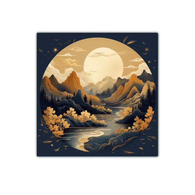 Paisaje Montañoso Bajo Luna Llena en Tonos Dorados