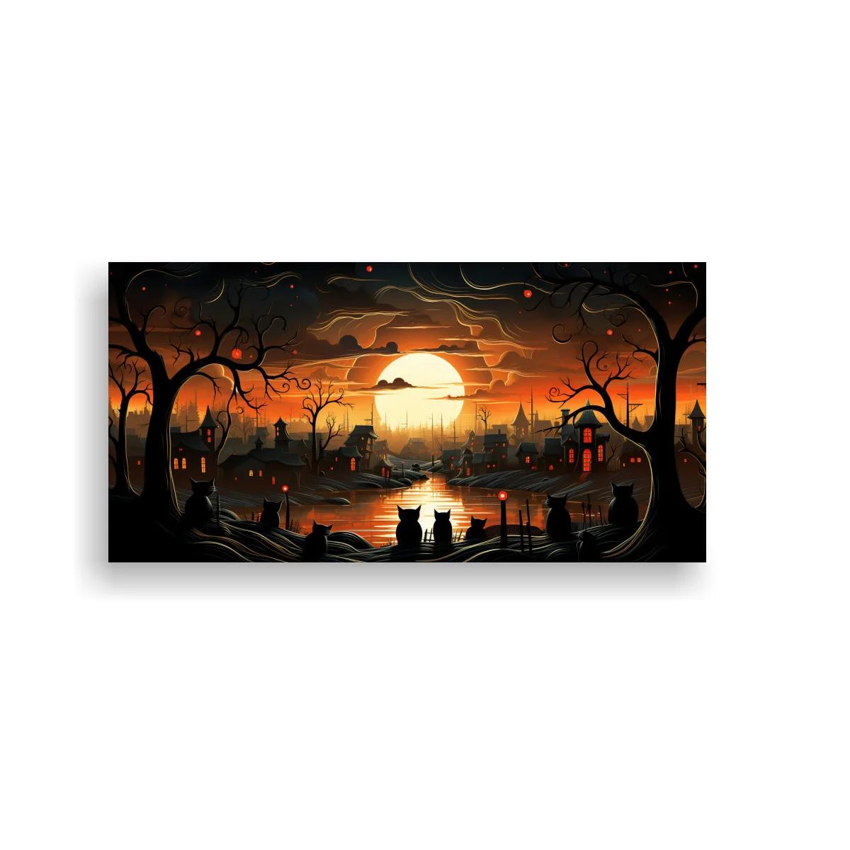 Cuadro paisaje de Halloween con luna llena y reflejo en el agua