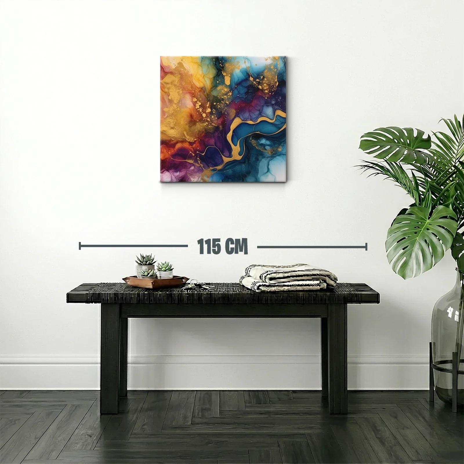 Cuadro abstracto con tonos dorados y azulados vibrantes — miniatura 2