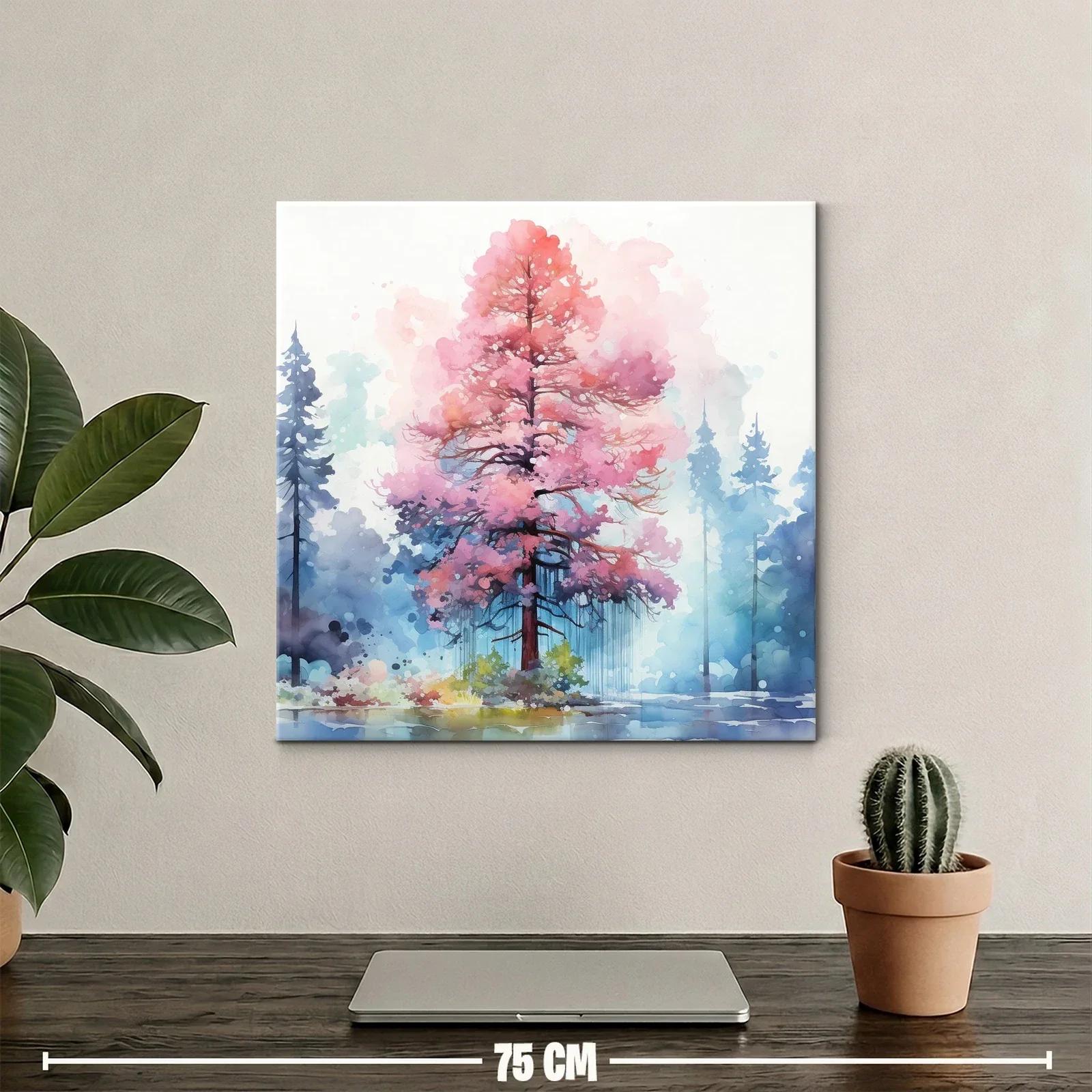 Árbol en tonos rosas vibrantes con fondo de bosque azul — miniatura 2