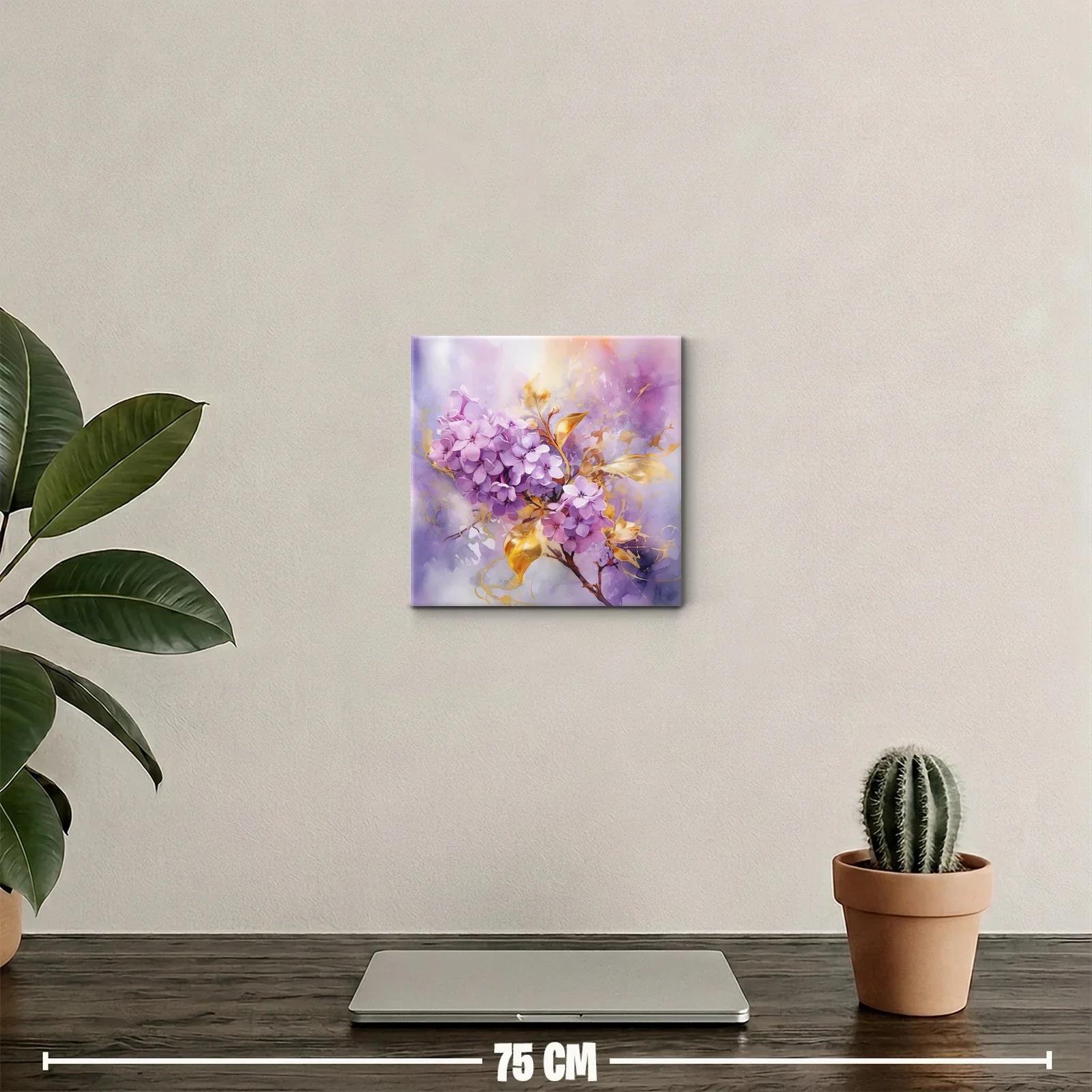 Ramillete de flores lilas con hojas doradas y fondo abstracto — miniatura 2