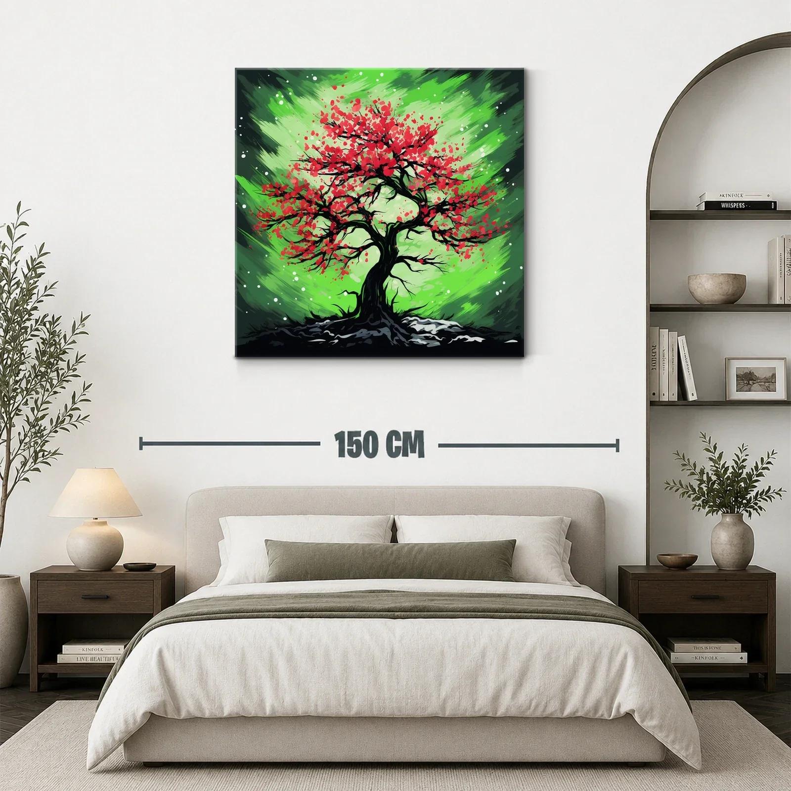 Árbol vibrante con flores rojas sobre fondo verde dinámico — miniatura 3