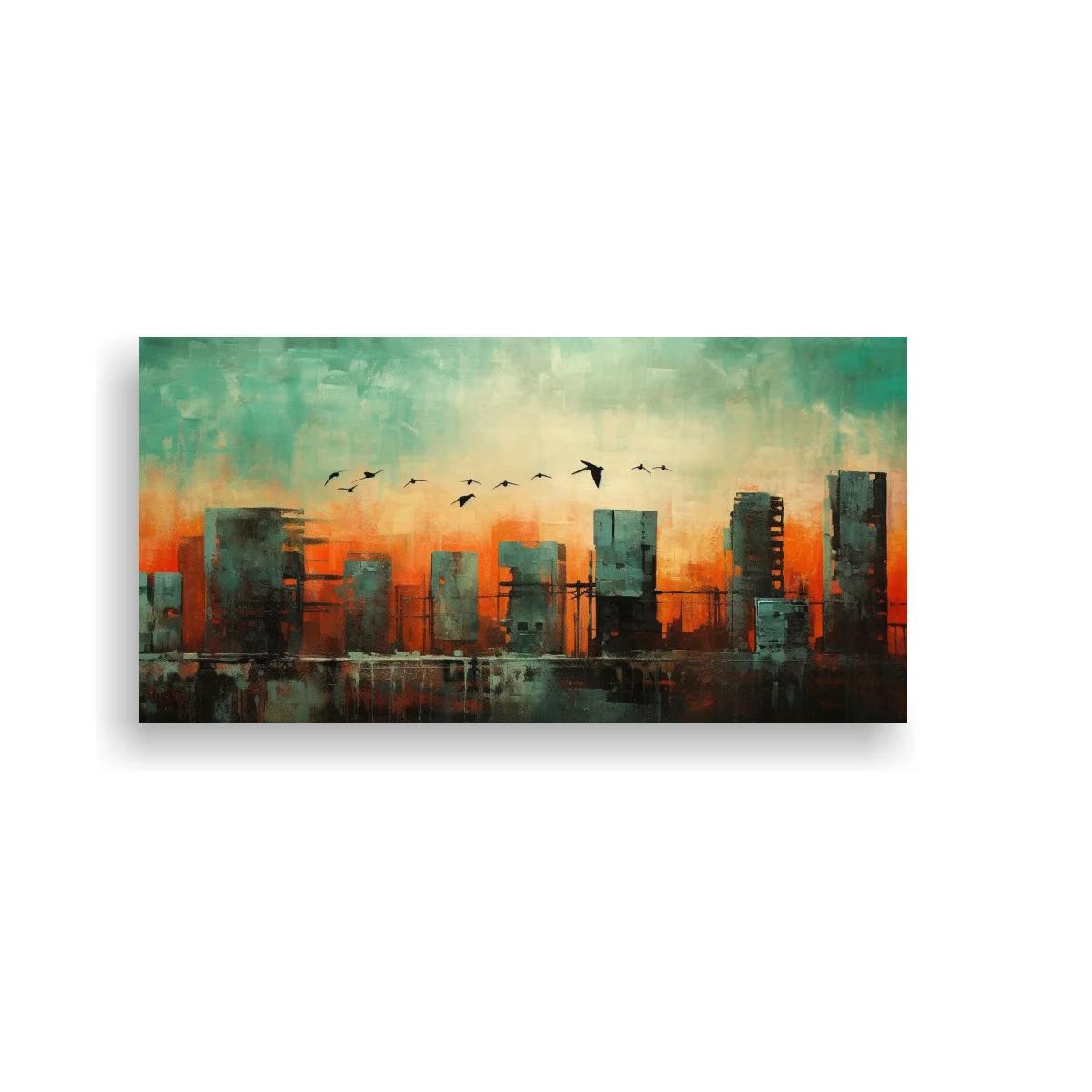 Cuadro skyline urbano con pájaros en vuelo