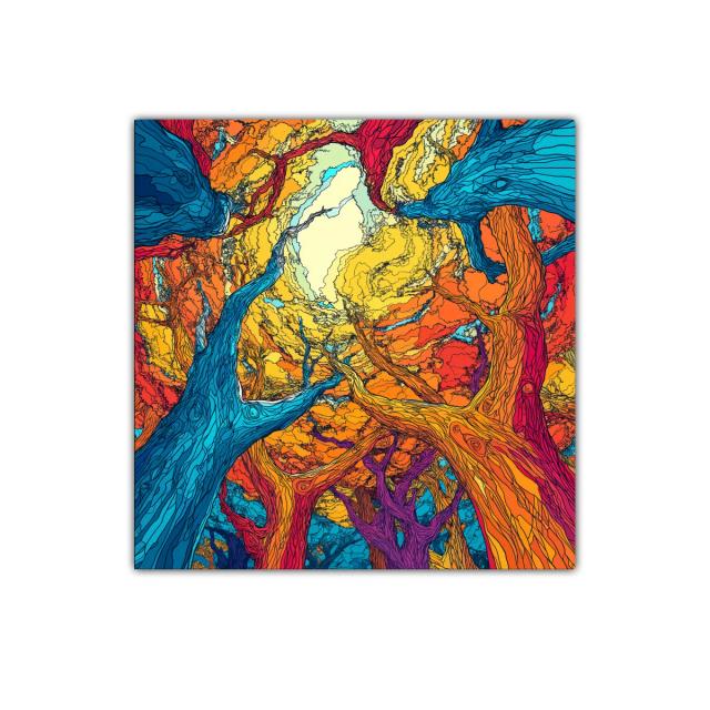 Bosque mágico con árboles en vibrantes tonos cálidos y fríos