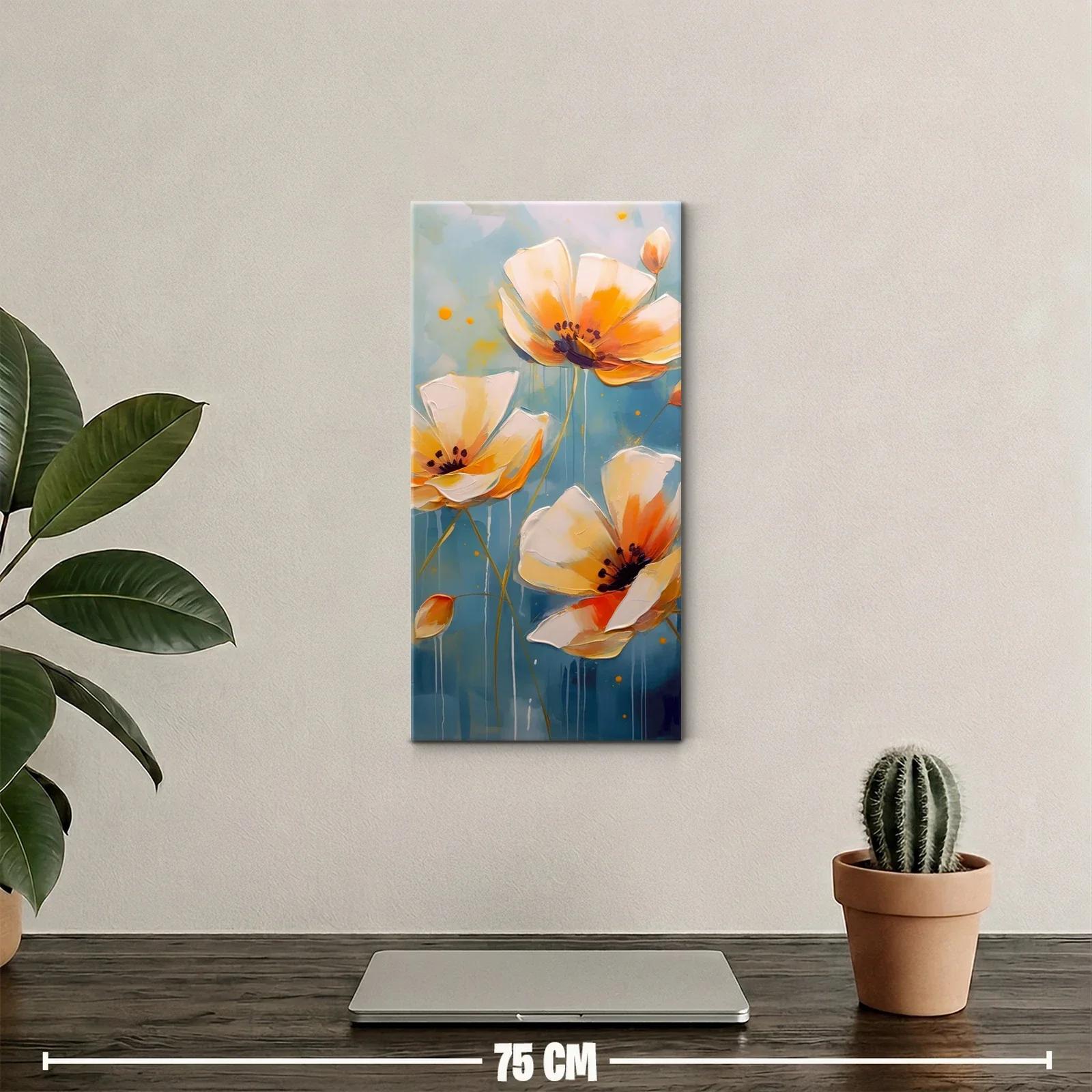 Cuadro de amapolas blancas y naranjas con fondo azul difuso — miniatura 2