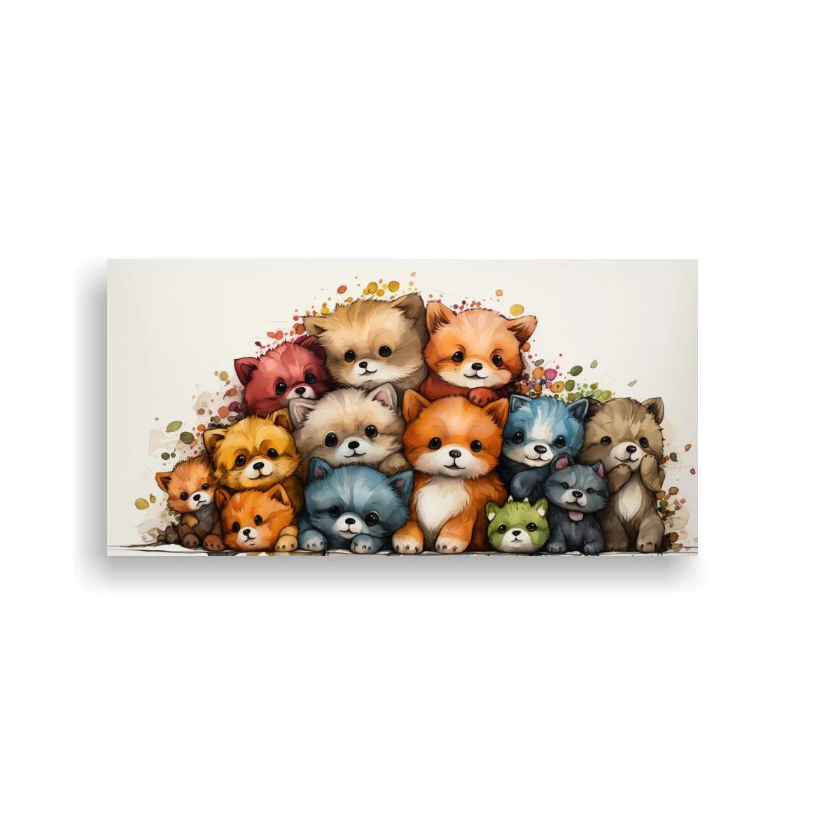 Cuadro grupo de cachorros y gatitos kawaii con gatito azul grisáceo