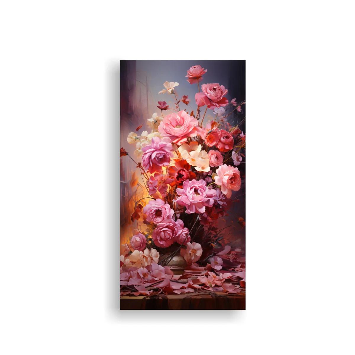Cuadro ramo de rosas rosadas y flores claras con pétalos caídos — imagen principal