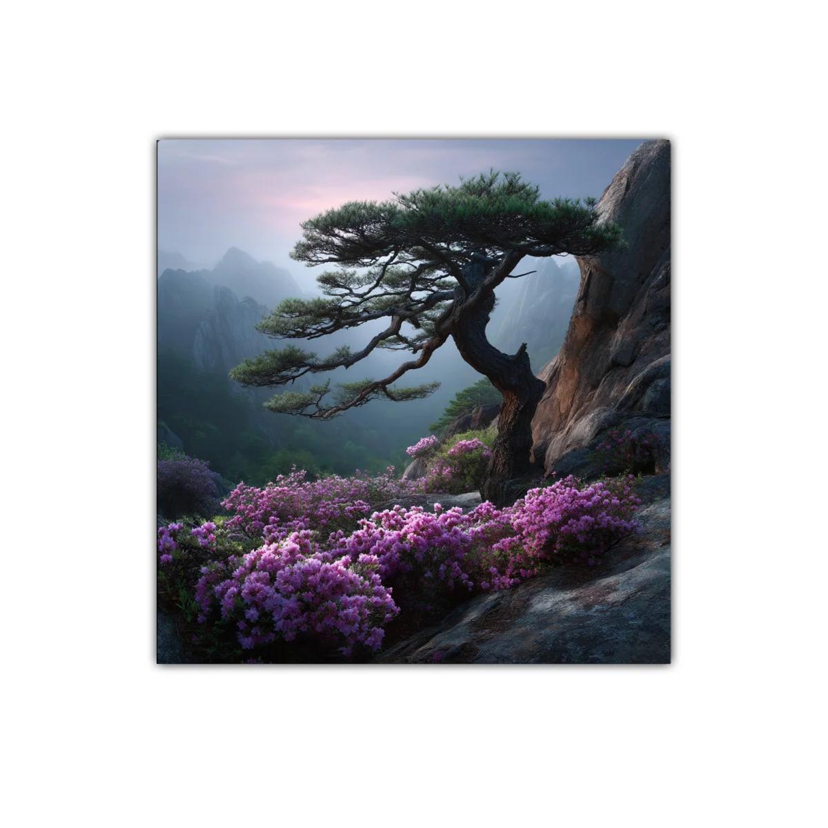 Paisaje sereno con árbol y flores sobre rocas en montaña